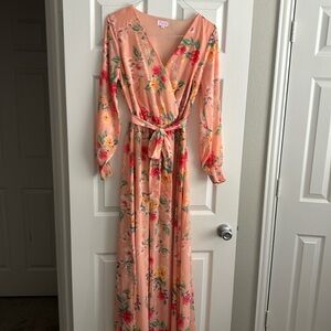 Pink Pily Peach and floral maxi dress, long sleeve, v neck